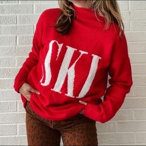 Cupcakes & Cashmere SKI Red Graphic Pullover Sweater Mock Neck